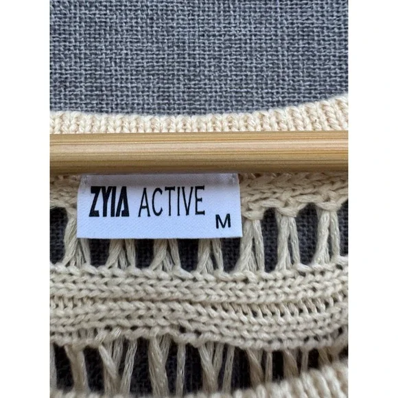 ZYIA ACTIVE Cream Knit Crochet Sweater Top Shirt Medium Boho Short Sleeve - Picture 2 of 4